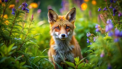 Fototapeta premium Curious Red Fox in Natural Habitat Surrounded by Lush Greenery and Wildflowers on a Sunny Day
