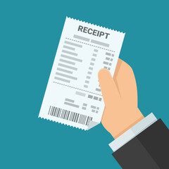A hand presents a receipt from a store on a blue background in flat design style