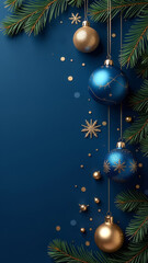 Christmas golden and blue matte ornaments on dark blue background. New Year's card.