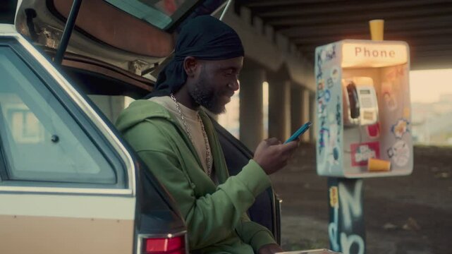 Black man using his mobile phone and smiling while leaning against open car trunk, with old sticker-covered payphone booth in background under overpass
