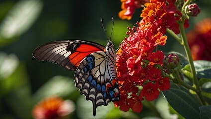 Delicate Butterfly with Intricate Wing Patterns Perched on Vibrant Red Flower Against Blurred Green Background