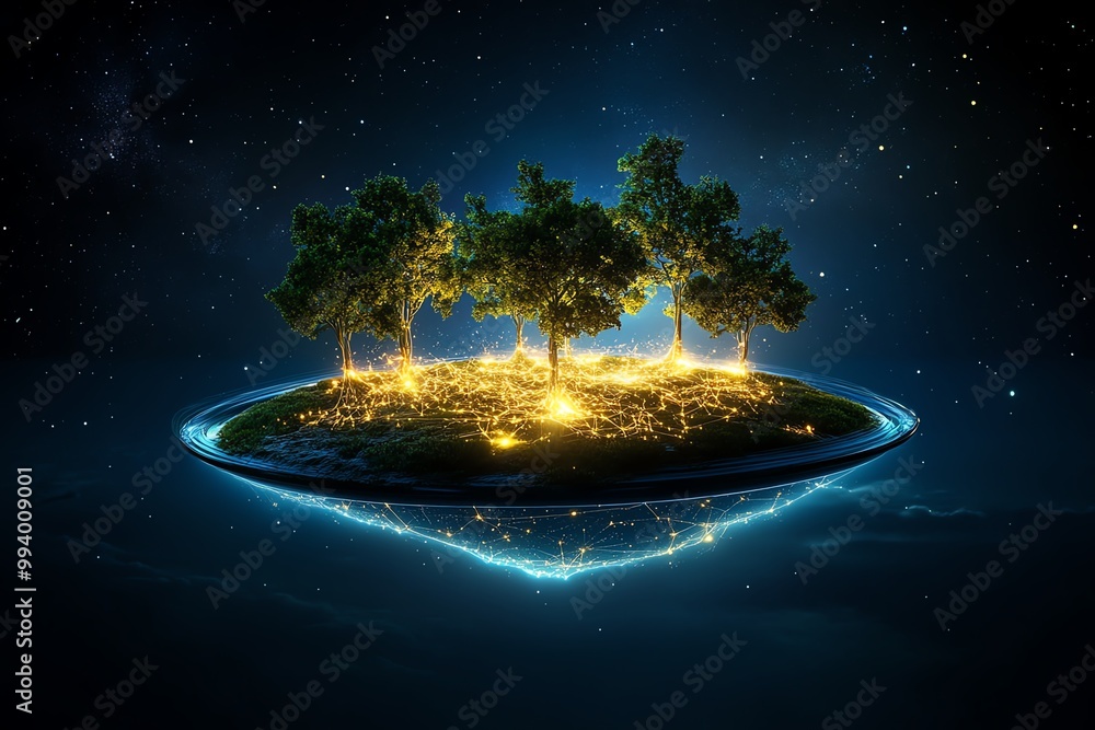 Poster A floating island in space, where the trees are made of light and the ground is composed of ancient, forgotten constellations