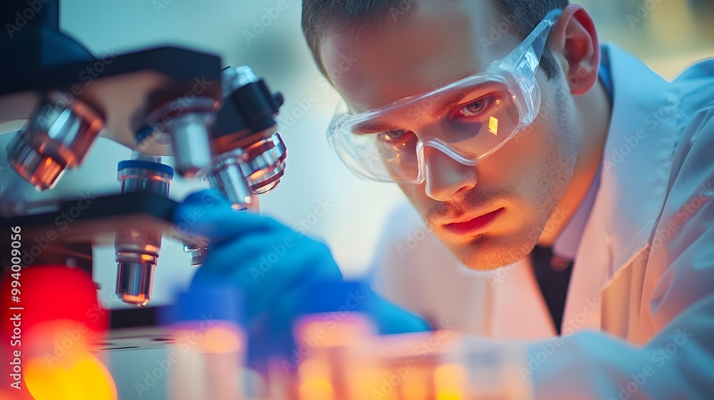 Poster a scientist in a lab coat and safety glasses using a microscope