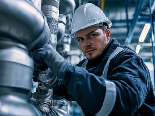 A close-up of a technician inspecting piping for leaks in an industrial setting, using advanced detection tools to ensure the integrity of the system