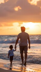 Fototapeta premium Father and Child Beach Walk at Sunset - Serene Family Bonding Concept