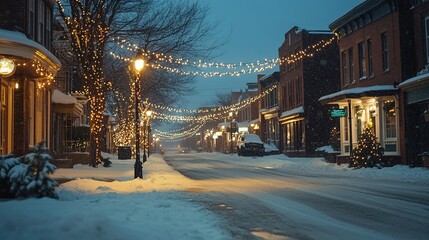 Fototapeta premium Snowy street with festive lights at twilight