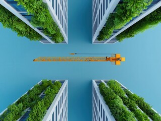 Fototapeta premium High-rise building under construction, cranes installing solar panels and vertical gardens, blending nature with modern architecture, Sustainability, 3D Art