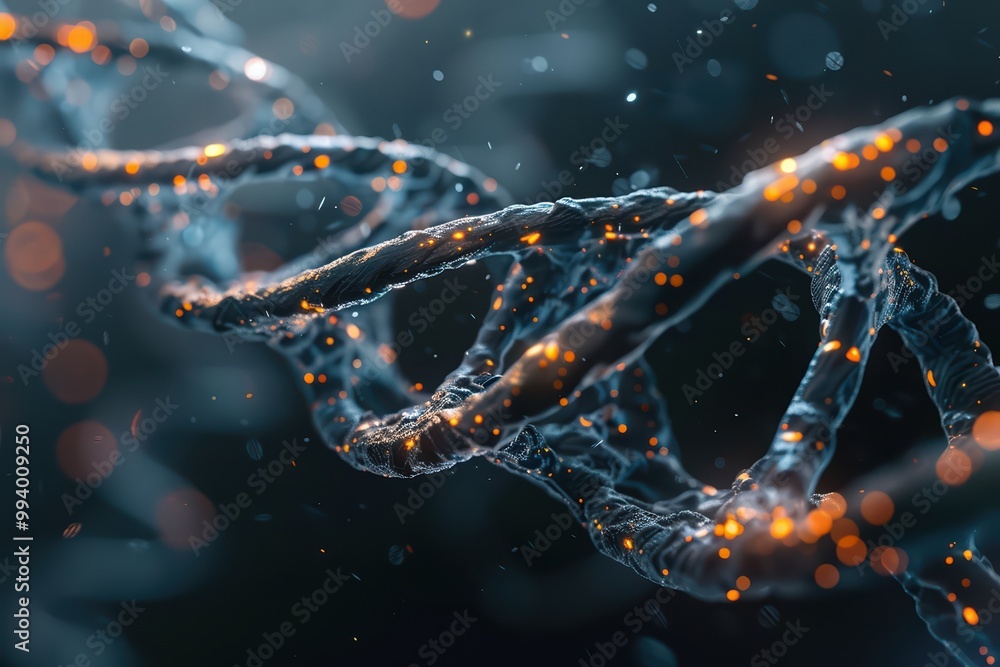 Poster close-up of a vibrant dna strand with glowing elements, showcasing the intricate structure of geneti
