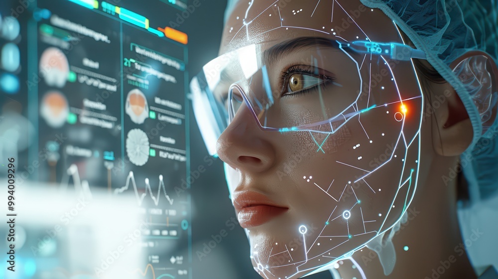 Aufkleber close-up of a scientist analyzing digital data with futuristic technology, showcasing innovation and
