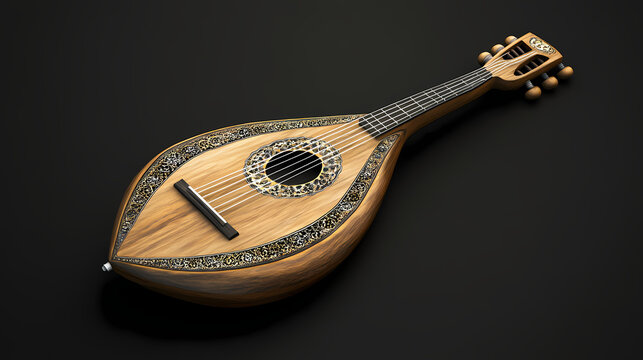 Turkish traditional music instrument or saz baglama isolated on a black background. ai generated. Folk Art. Illustration