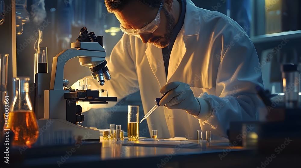 Poster scientist in a lab coat working with a microscope and chemicals