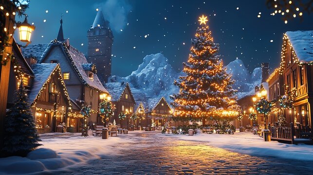 Snowy holiday town with festive lights and Christmas tree