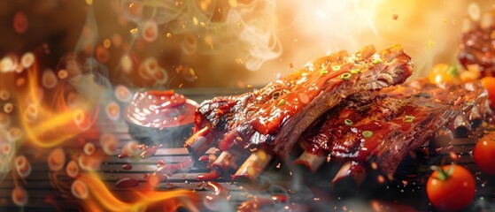Delicious grilled ribs coated with smoky barbecue sauce, garnished with fresh tomatoes, perfect for culinary delights.