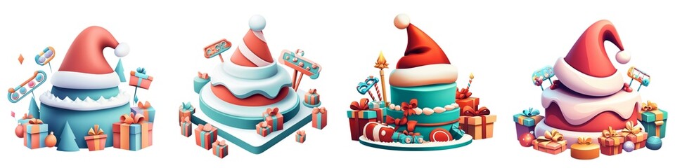 Colorful Christmas hats adorned with gifts, perfect for holiday celebrations and festive designs.