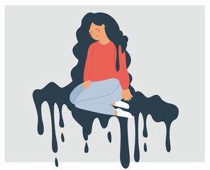 Woman struggling with mental health issues such as PTSD, depression, anxiety, phobias, or mood disorders. Sad girl girl falling apart and overwhelmed by dark and negative thoughts. 