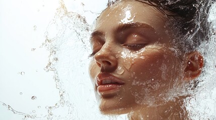 Beautiful woman with radiant skin, water splashing around her in motion, creating a refreshing scene on a white backdrop.