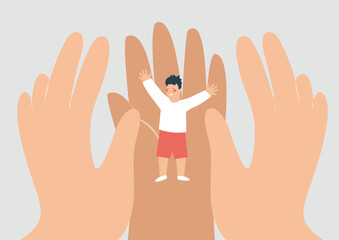 Happy child surrounded by big hands. Joyful boy receives support and care from his parents, family, and society. Adults taking care of kids. Concept of children's rights, orphans and social protection