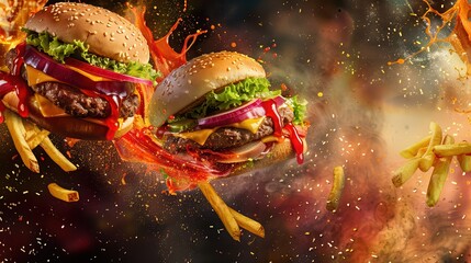 Dynamic image of flying burgers and fries, capturing the essence of delicious fast food in a vibrant, explosive background.