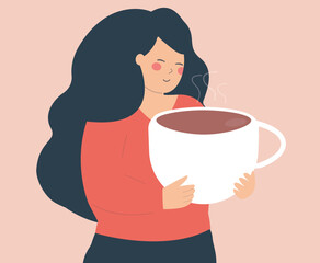 Young woman embraces a hot big cup of coffee with love. Happy female holds a large mug of coffee and enjoys the aroma with a sense of contentment. Concept of caffeine addiction. Vector stock