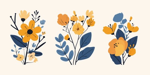 Three simple flower icons featuring blue, orange, and yellow designs