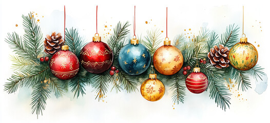 Weihnachtsgesteck mit Kugeln und Tannenzapfen - Festliche Illustration im Bannerformat