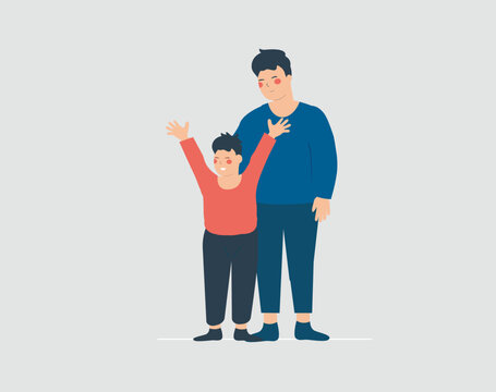 Proud father hugs his son with love and care. Joyful little boy says hello to the world and feels confident. Father's day, fatherhood, positive parenting and family concept. Vector illustration