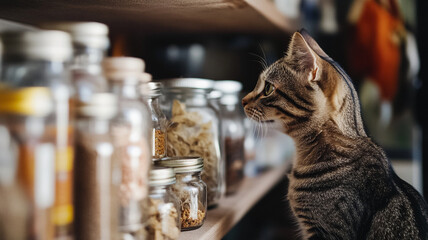 A curious cat examines jars filled with herbs and spices on a wooden shelf in a cozy kitchen during daylight hours