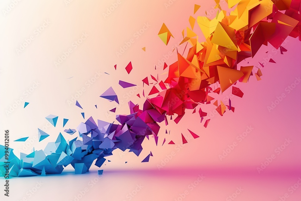Poster vibrant abstract art featuring colorful triangles in motion, creating a dynamic and energetic visual