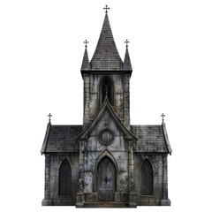 Fototapeta premium Old abandoned church with a tall steeple and weathered stone walls stands isolated against a white background