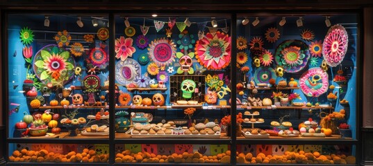 Fototapeta premium Vibrant Day of the Dead Storefront Display Featuring Pan de Muerto and Mexican Decorations for Festive Celebration