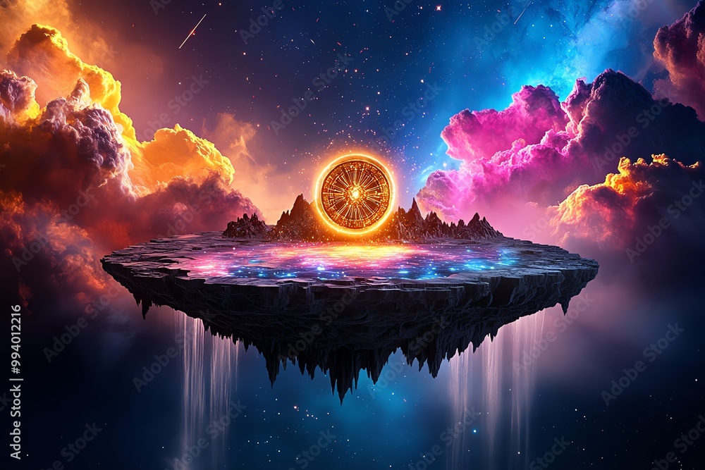Poster a floating island suspended in space, with a massive glowing clock in the center. the island is surr