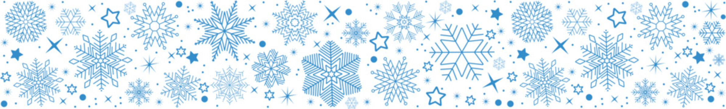 Snowflake seamless border. Christmas and Happy New Year background. Simple hanging christmas blue snowflake seamless border .Holiday christmas decoration. New Year seamless banner