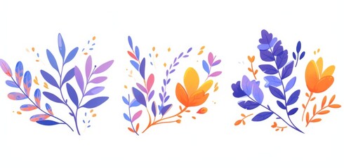 three simple illustrations of leaves and flowers in purple, blue, orange, and yellow on a white background