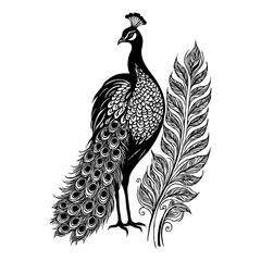 Obraz premium Black peacock on white background. Animals line art. Logo design for use in graphics. Print for T-shirts, design for tattoos.