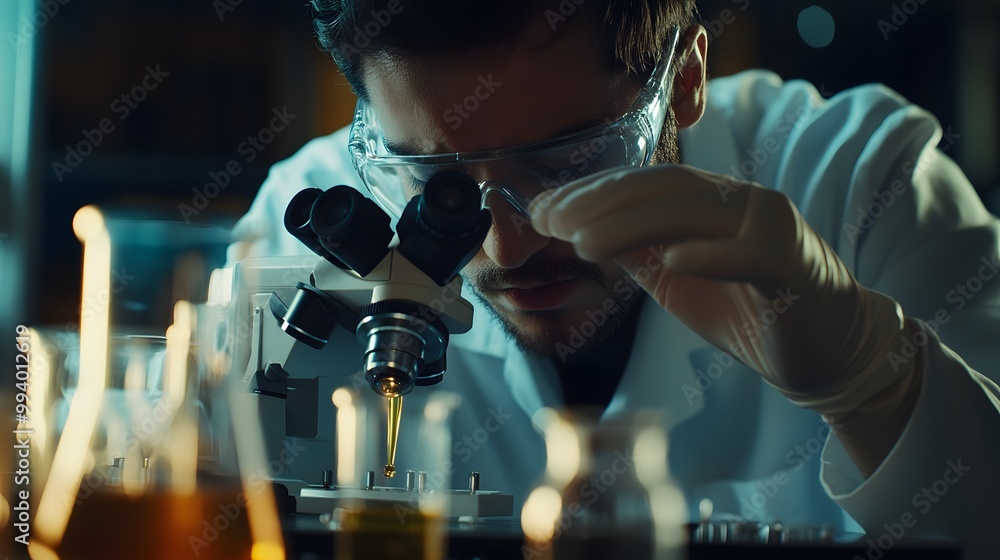 Poster a scientist examining a sample under a microscope in a laboratory
