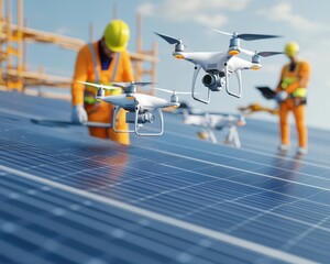 Eco-friendly construction site with scaffolding covered in solar fabric and drones delivering sustainable materials, Futurism, 3D Art