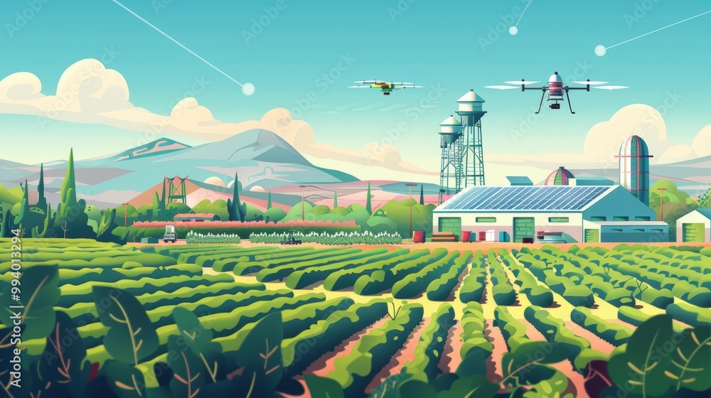 Aufkleber smart farming with solar-powered machinery and drones for efficient crop monitoring