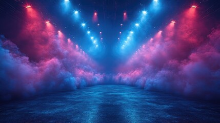 Illuminated Arena with Beaming Lights Through Fog, Perfect for Sports Events