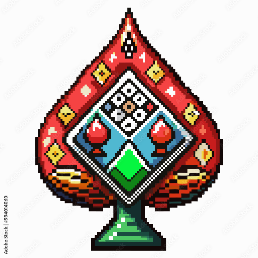 Aufkleber pixel art spade icon with colorful geometric patterns and dice elements