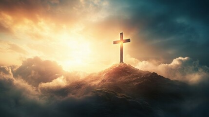 Fototapeta premium A wooden cross stands tall on a mountaintop, bathed in the golden glow of sunrise.