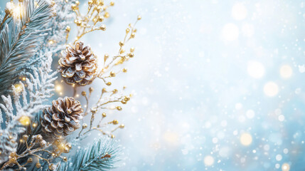 Winter seasonal background, freezing white Christmas, glittering gold ornaments, snow pine cones and tree branches