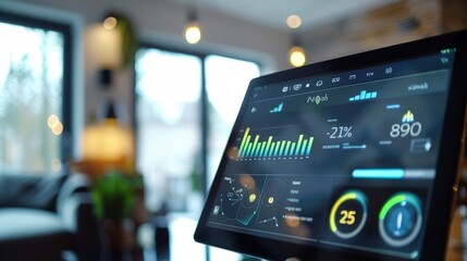 Smart Home Control Interface with Detailed Energy Usage and Efficiency Statistics on Modern Touchscreen Display