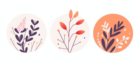 Three simple plant illustrations in purple and orange tones on a white background