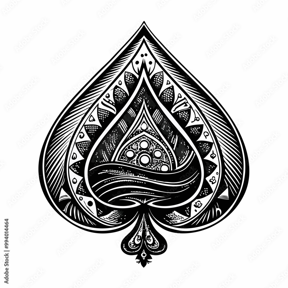 Poster intricate playing card spade design with ornamental patterns