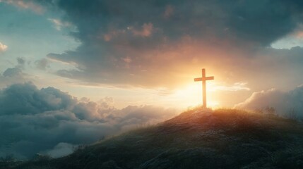 Fototapeta premium A wooden cross stands tall on a hilltop, bathed in the golden glow of sunset.