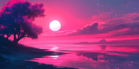 Mystical Alien Landscape with Giant Red Moon Over Water