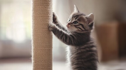 Kitten spinning around a scratching post, playful spin, dynamic, cute