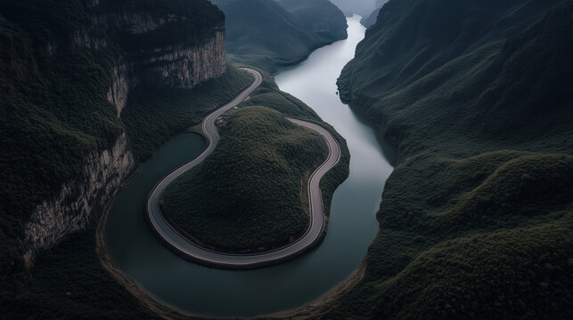 Dramatic aerial view of the serpentine mountain road and river at dusk