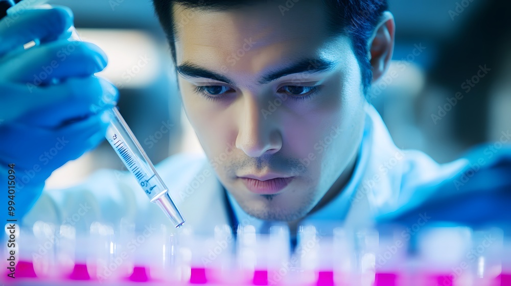 Poster close-up of a scientist using a pipette to transfer liquid into a test tube.