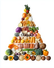 A colorful food pyramid on a white background highlights diverse food groups for a healthy diet.